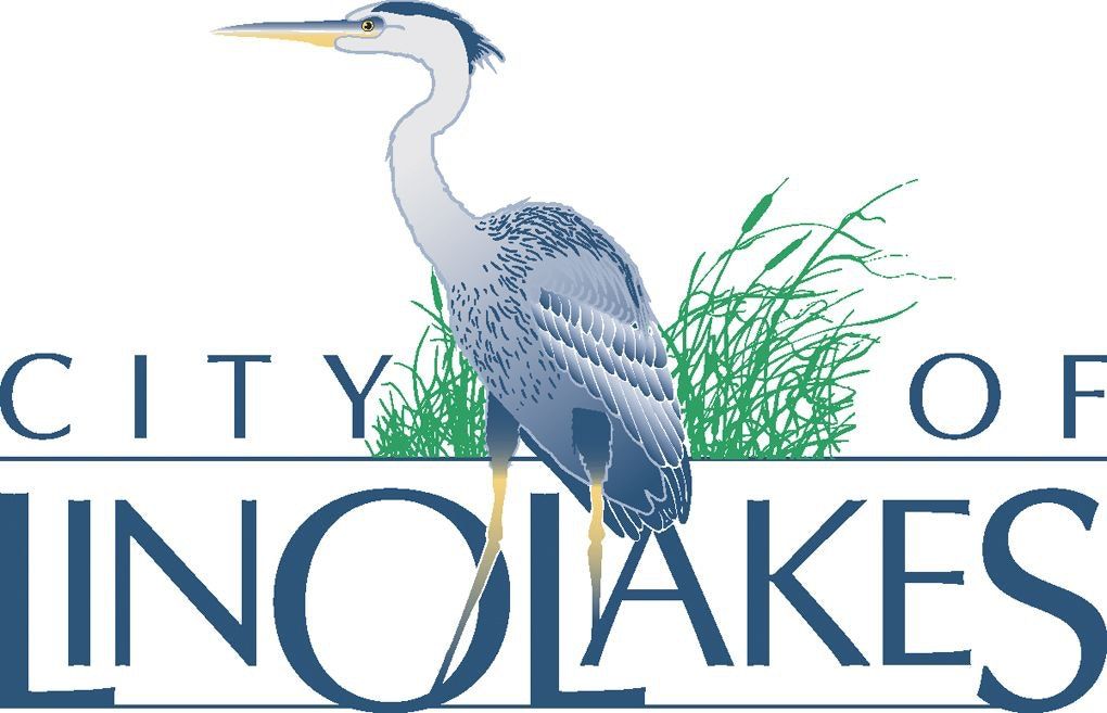 City of Lino Lakes logo - Stork in the middle of the text and high grass just behind the bird