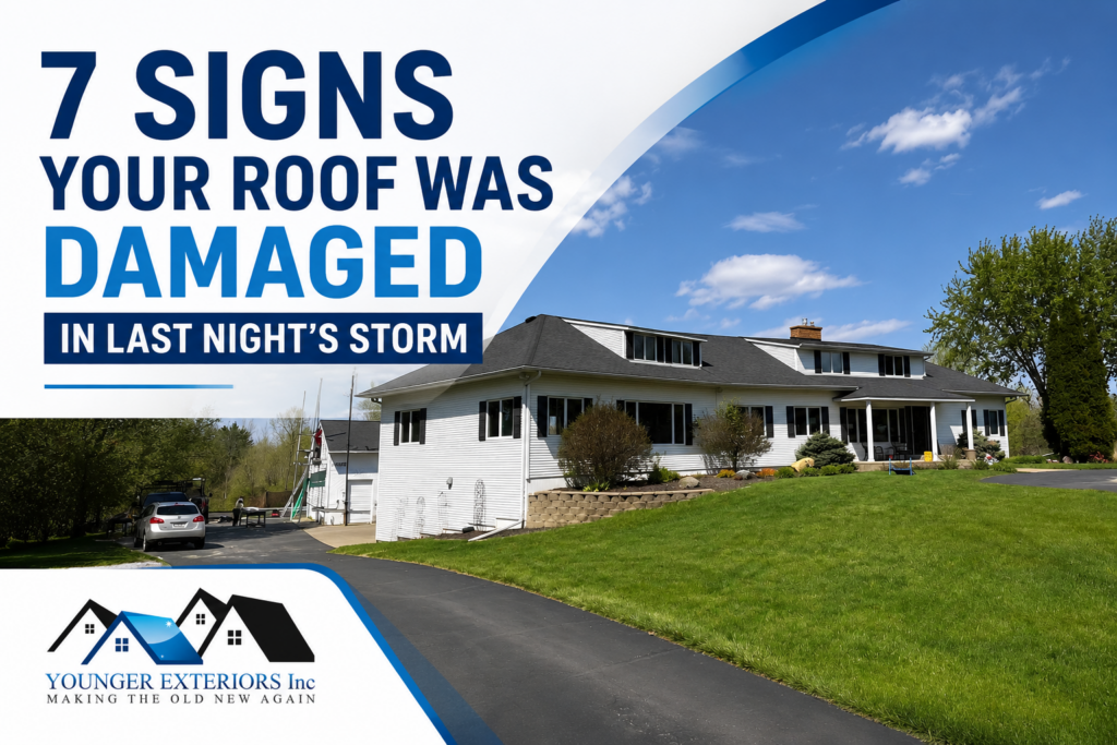 A residential home in Minnesota with the title "7 Signs Your Roof Was Damaged in Last Night's Storm" featured on a Younger Exteriors roofing blog about identifying hail and wind damage after severe weather.