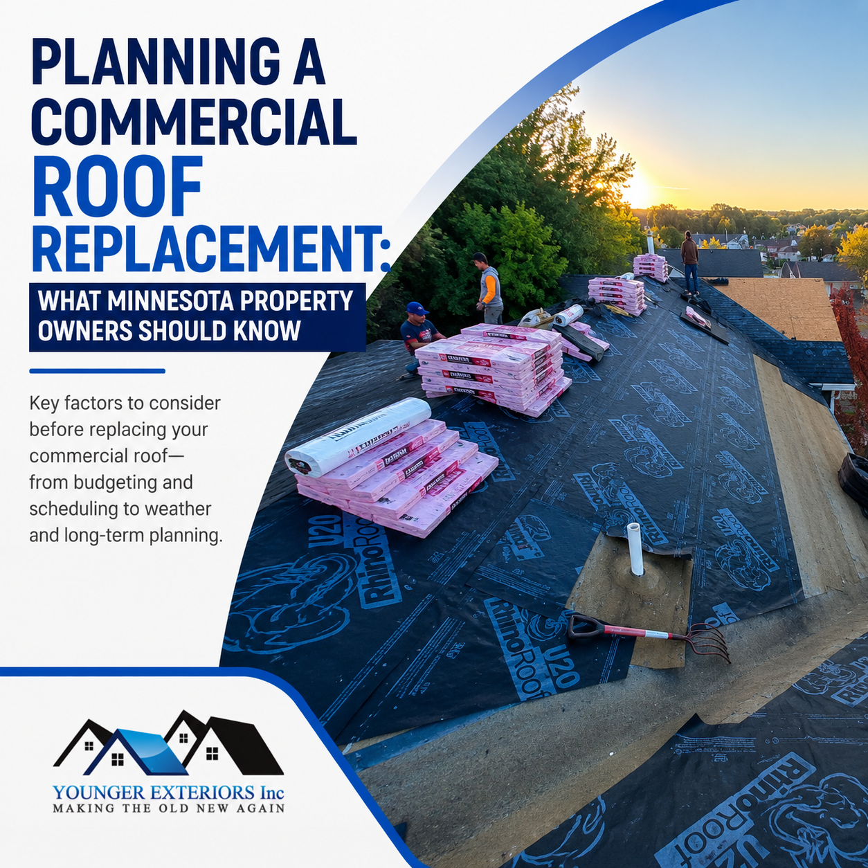Commercial roof replacement project in progress on a Minnesota building, highlighting planning considerations for property owners and facility managers.